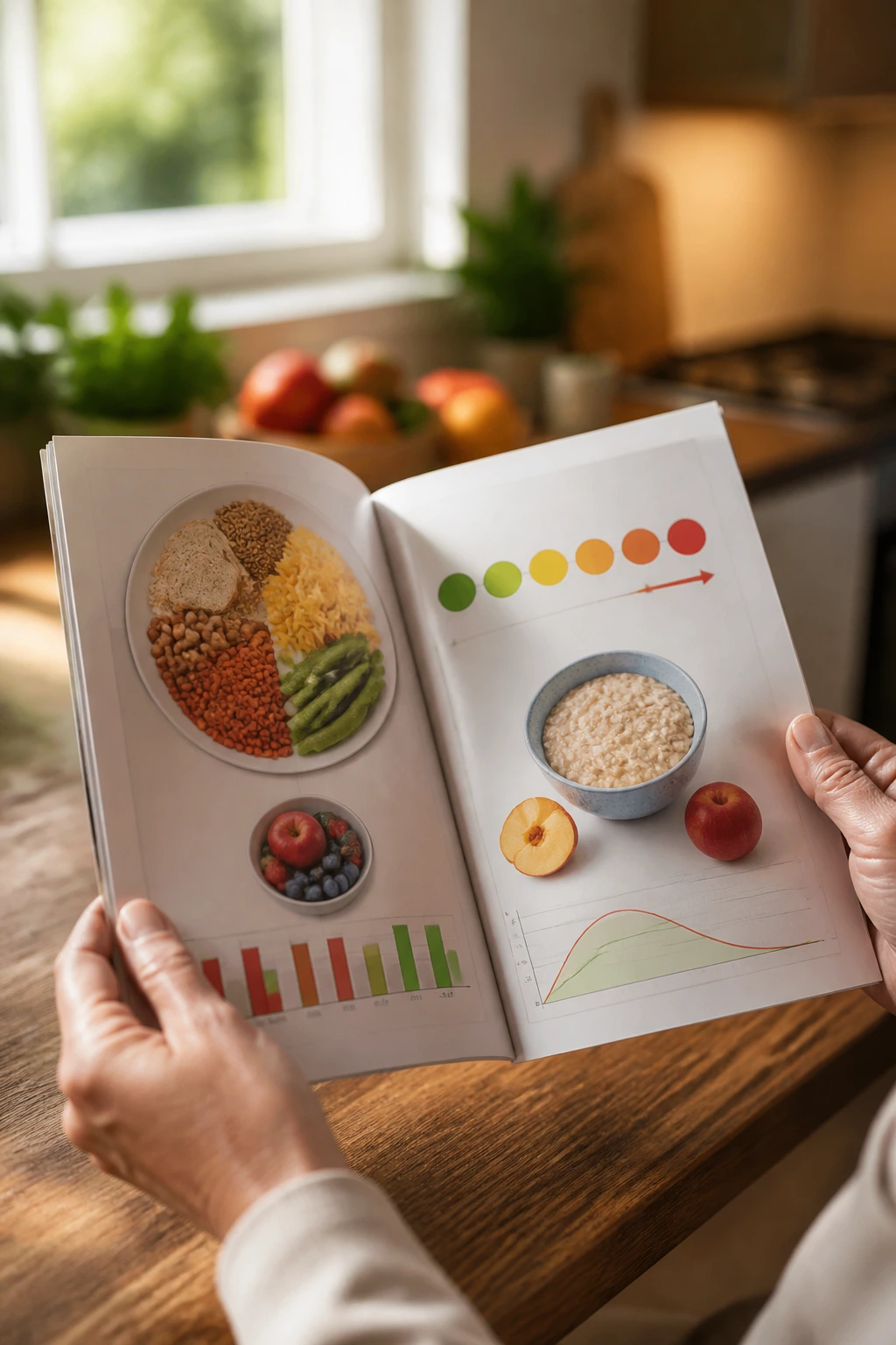 Close-up of hands holding a nutrition guide about diabetes and food choices in a warm kitchen
