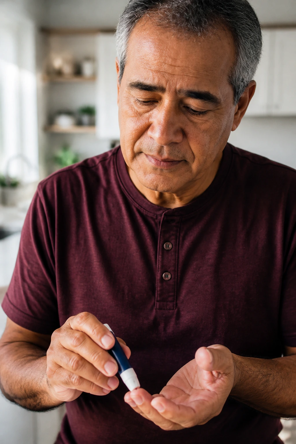 Close-up portrait of a real adult in a sunlit kitchen