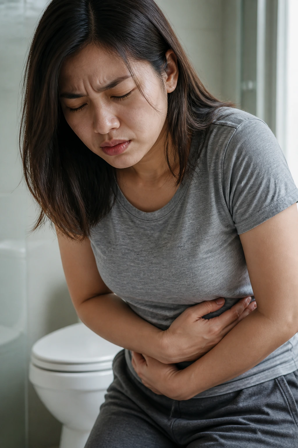 Citrus Relief: Are Oranges Good For Diarrhea? 1 Close-up portrait of a real person in a bathroom showing abdominal discomfort to illustrate diarrhea causes.
