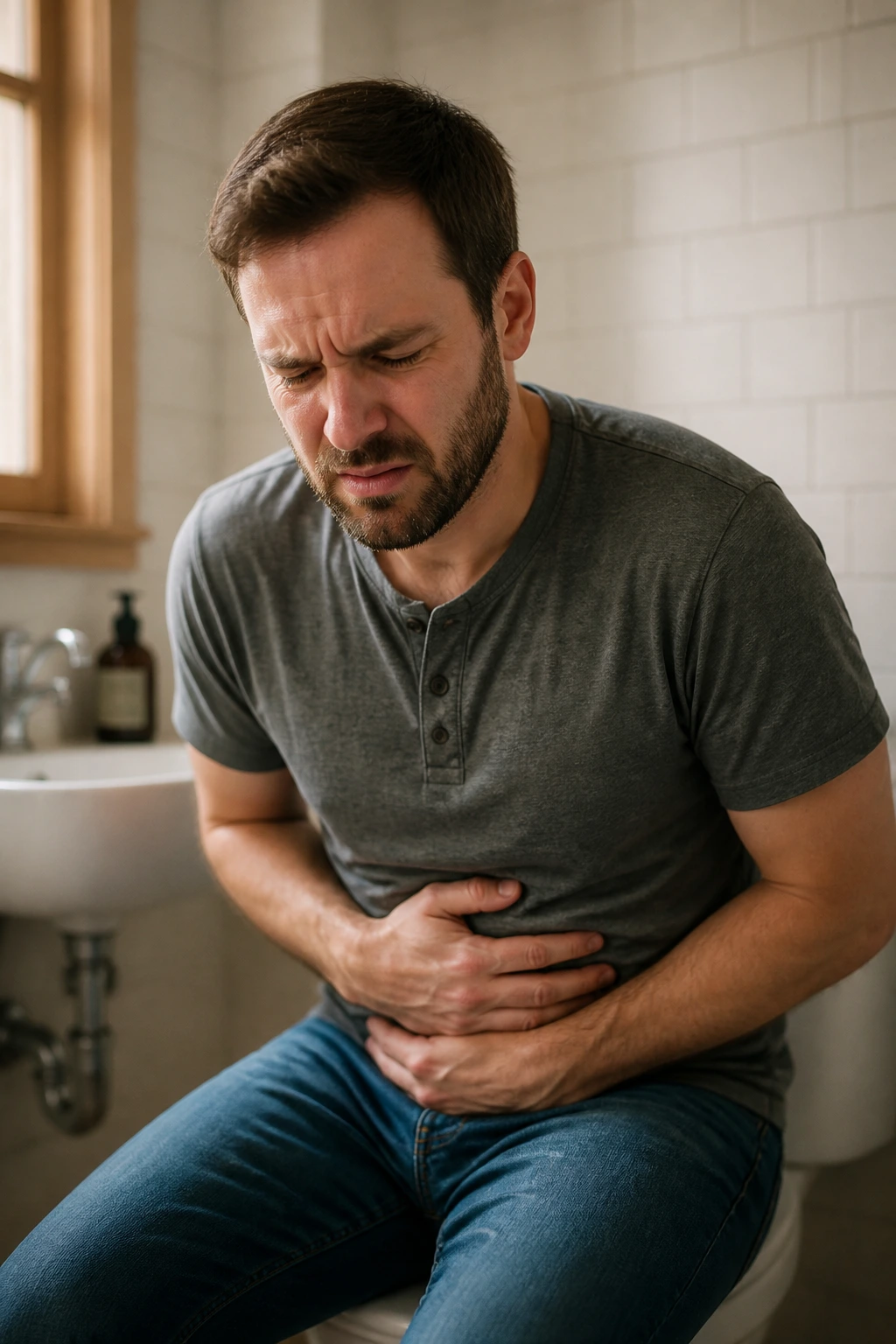 Medium-close portrait of a person showing abdominal discomfort in a bathroom, illustrating diarrhea symptoms.