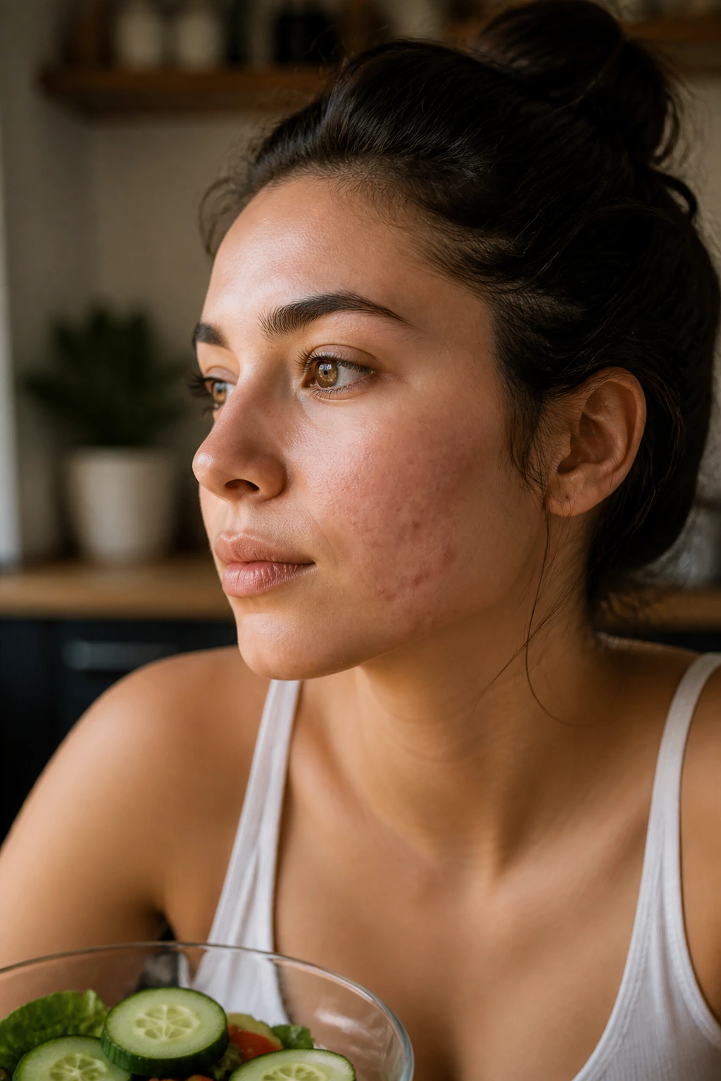 Banishing Breakouts: Are Cucumbers Good For Acne? 1 Close-up portrait of a real person with acne in a cozy kitchen