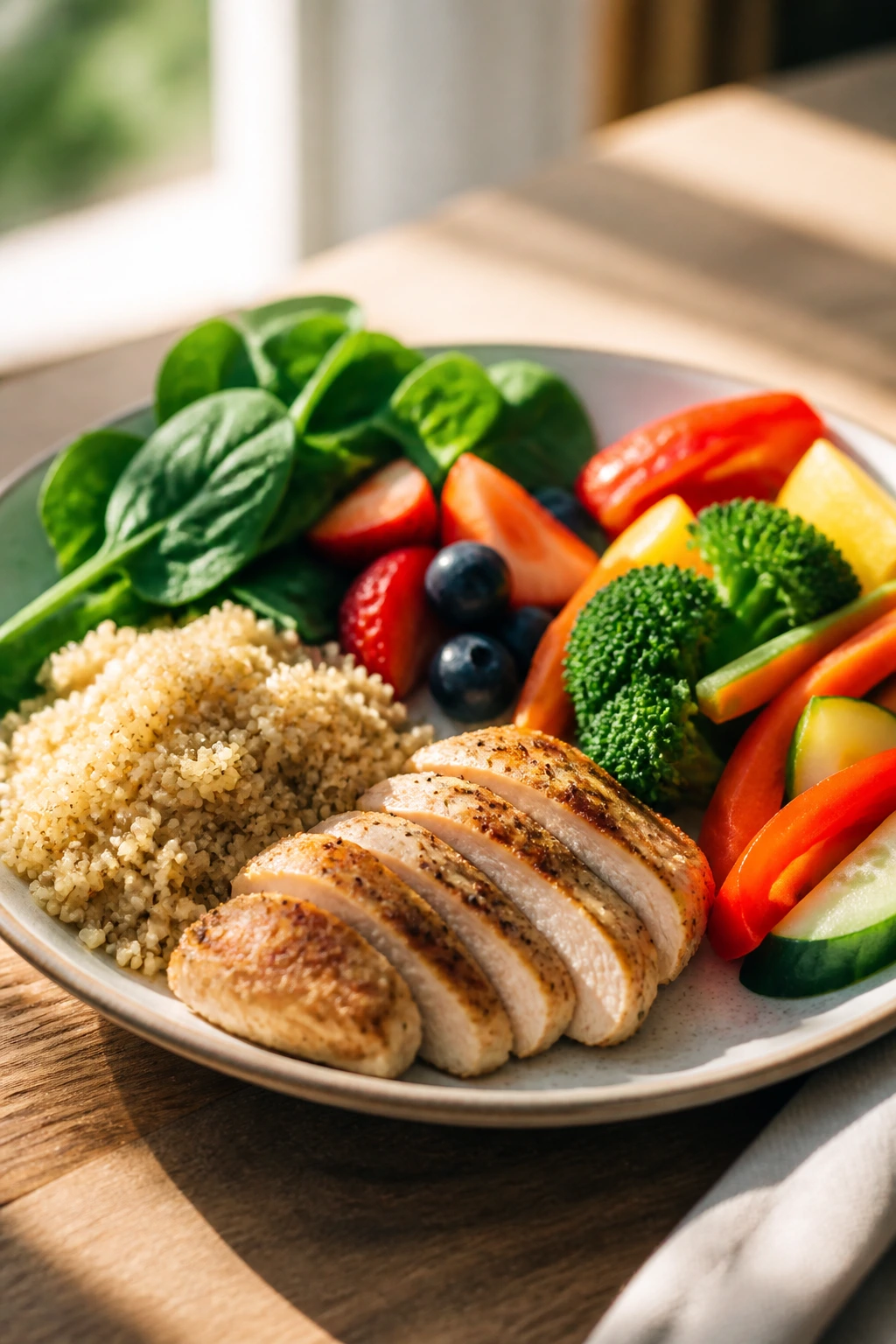 Can You Eat Bananas While Taking Antibiotics? 5 Balanced diet plate with protein, grains, and vegetables.
