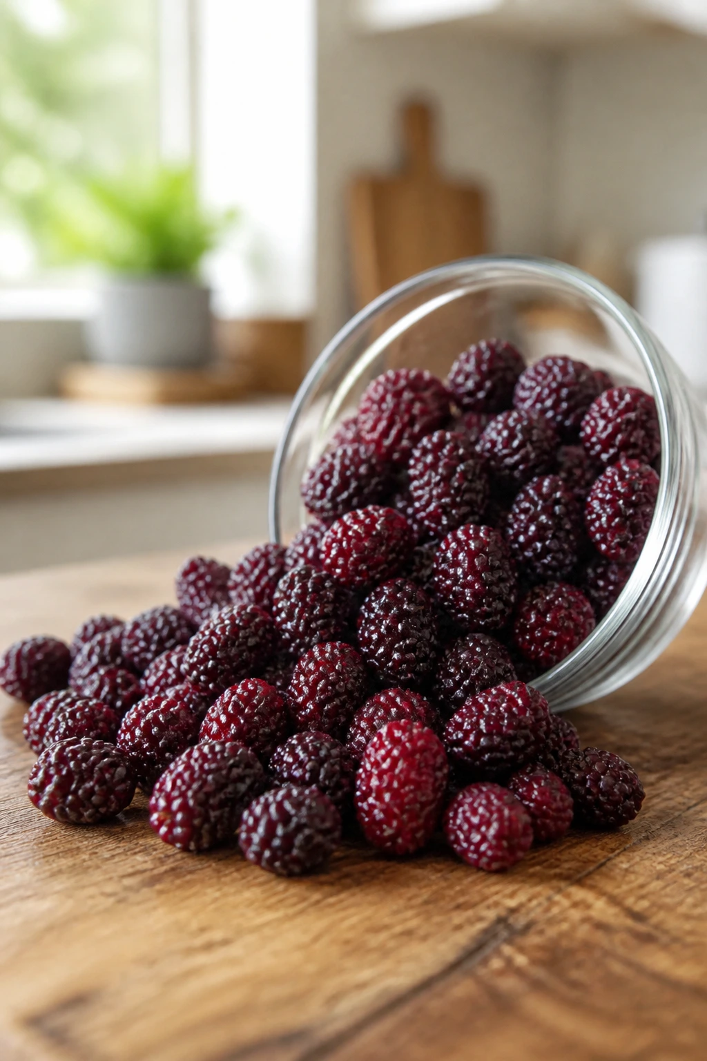 Are Boysenberries Good For You? All You Need To Know 5 Fresh boysenberries spilling from a glass bowl onto a wooden table