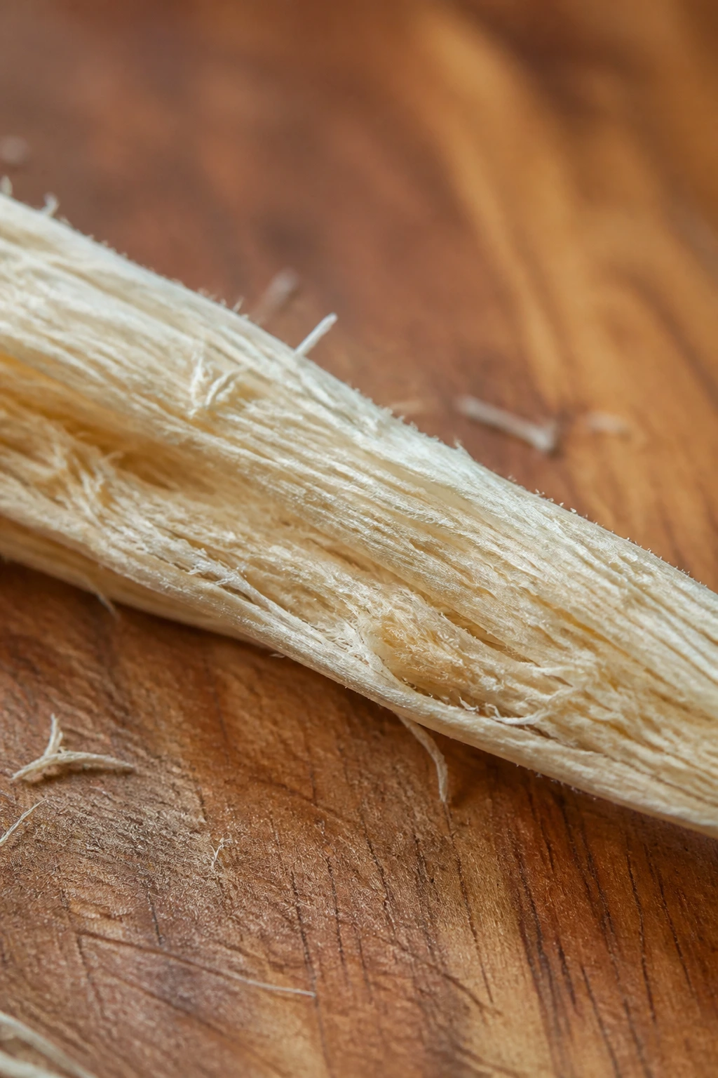 Macro close-up of a single dietary fiber strand on wood