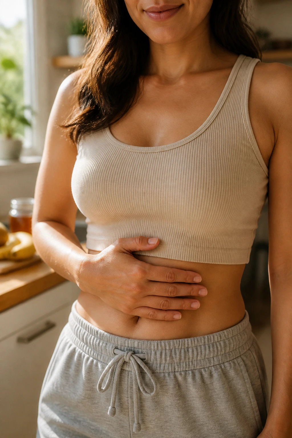 Close-up of a person’s mid-torso with hand on the stomach illustrating better digestion