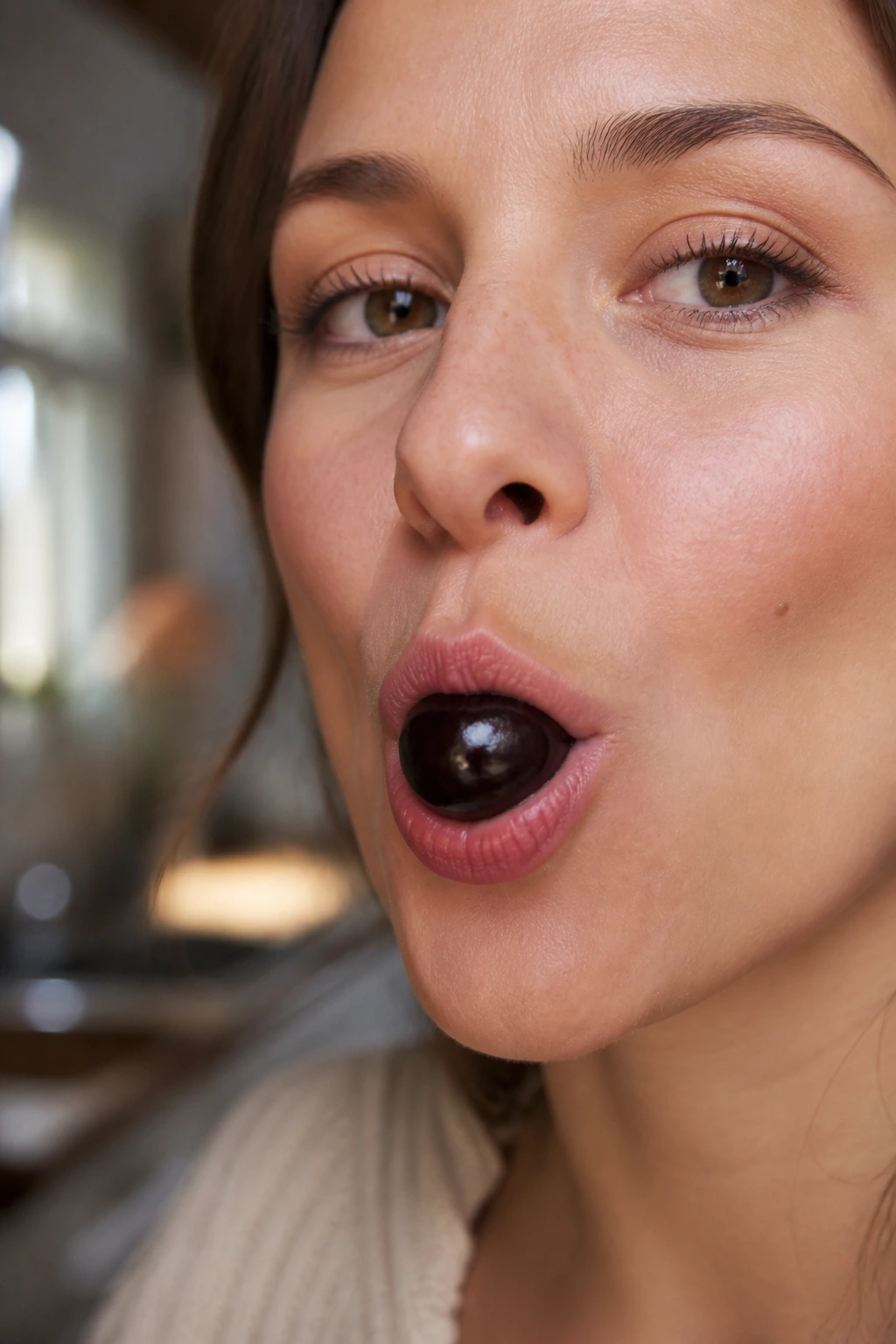 10 Surprising Health Benefits Of Black Cherries 7 Close-up of a real person chewing a black cherry to illustrate digestion