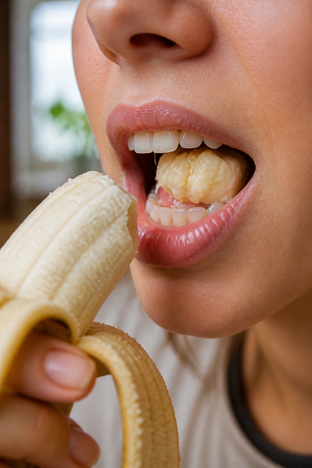 How Long Does It Take For a Banana to Digest? 3 Close-up of a mouth chewing a banana to illustrate digestion