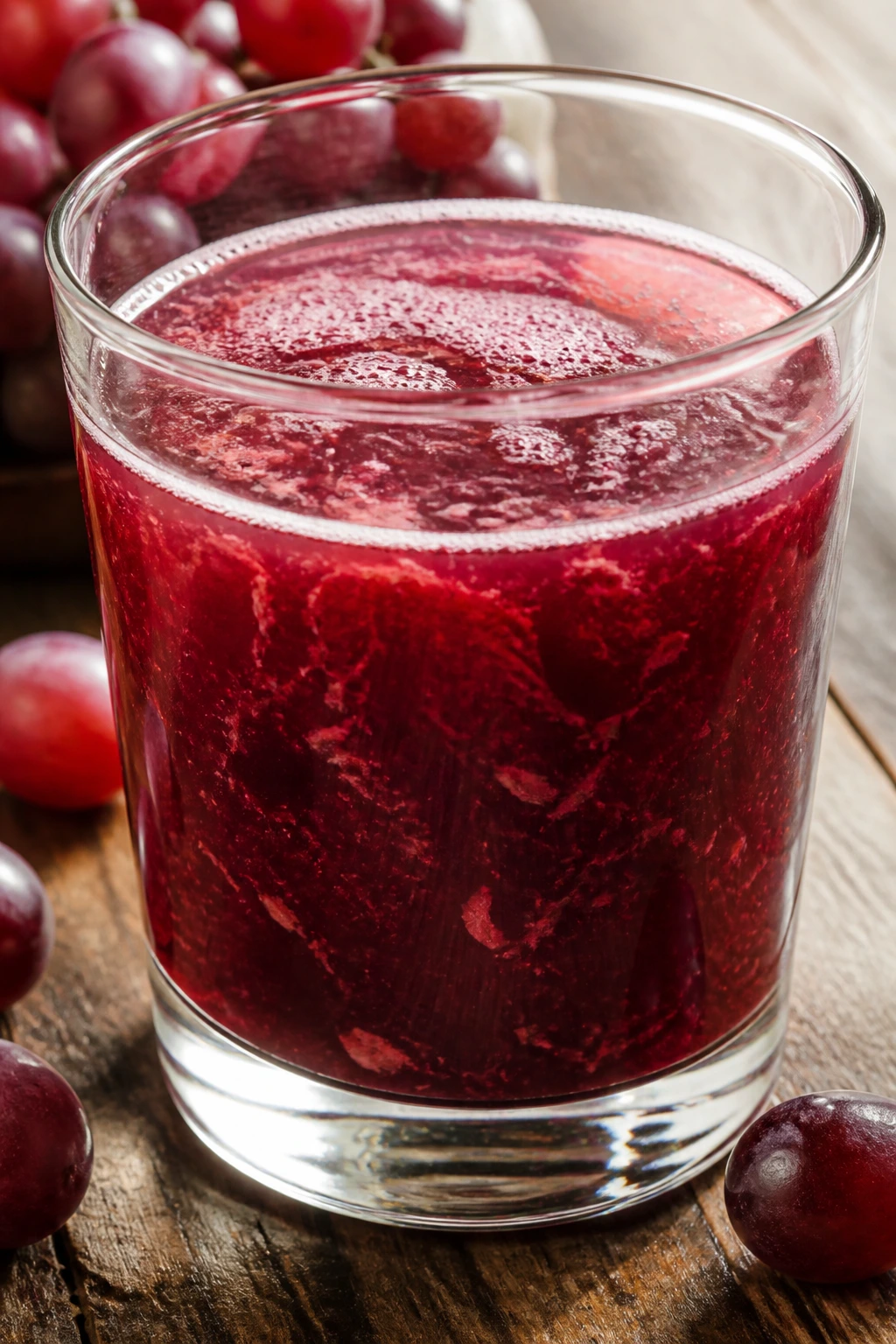 Close-up of grape juice with visible pulp flecks swirling inside.