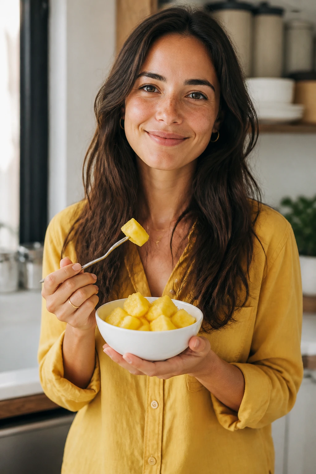 Tropical Digestive Aid: Is Pineapple Good For Digestion? 5 Portrait of a real person in a bright kitchen with a confident expression