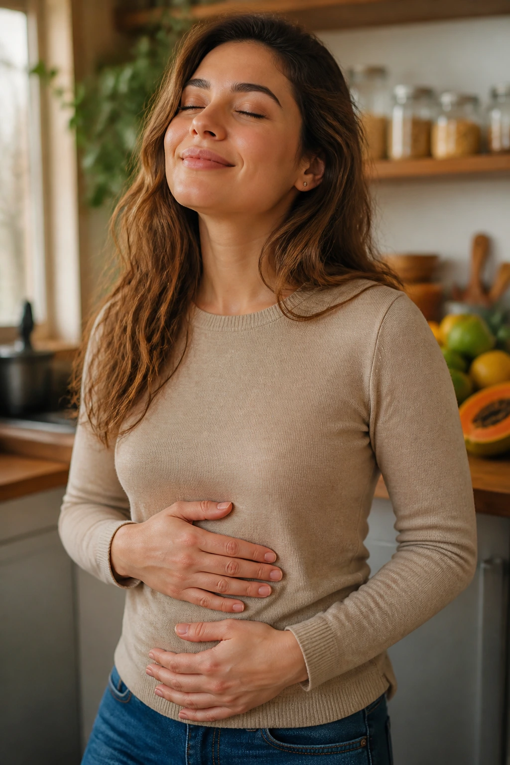 Portrait highlighting digestion support with hands on abdomen in warm kitchen light