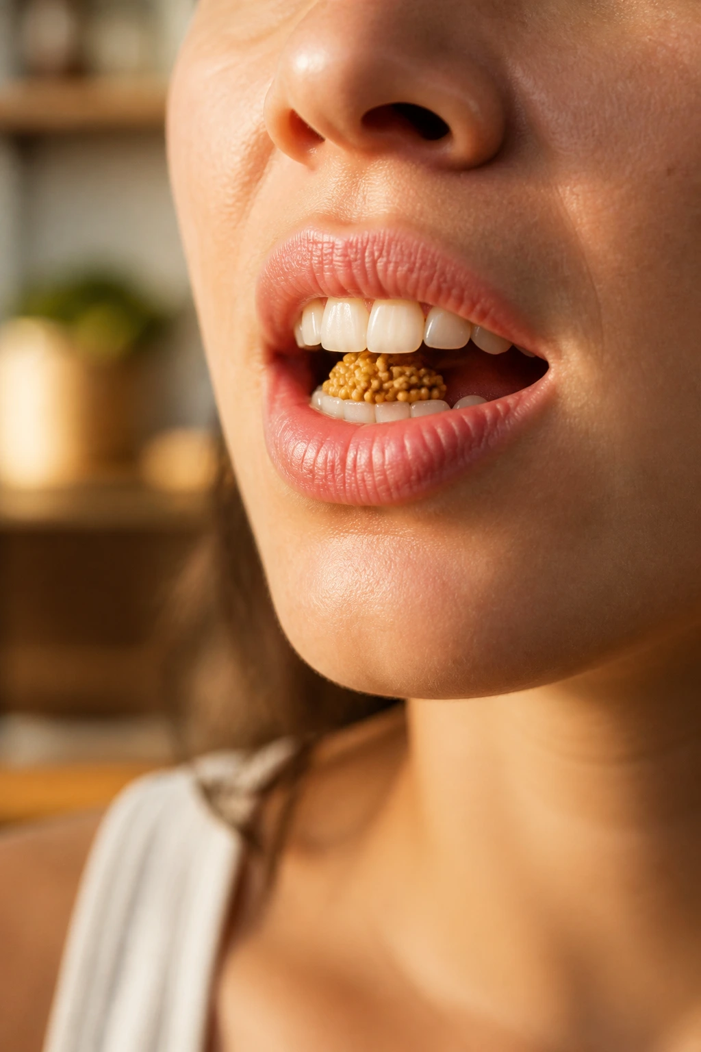 Close-up of a mouth during chewing illustrating digestion