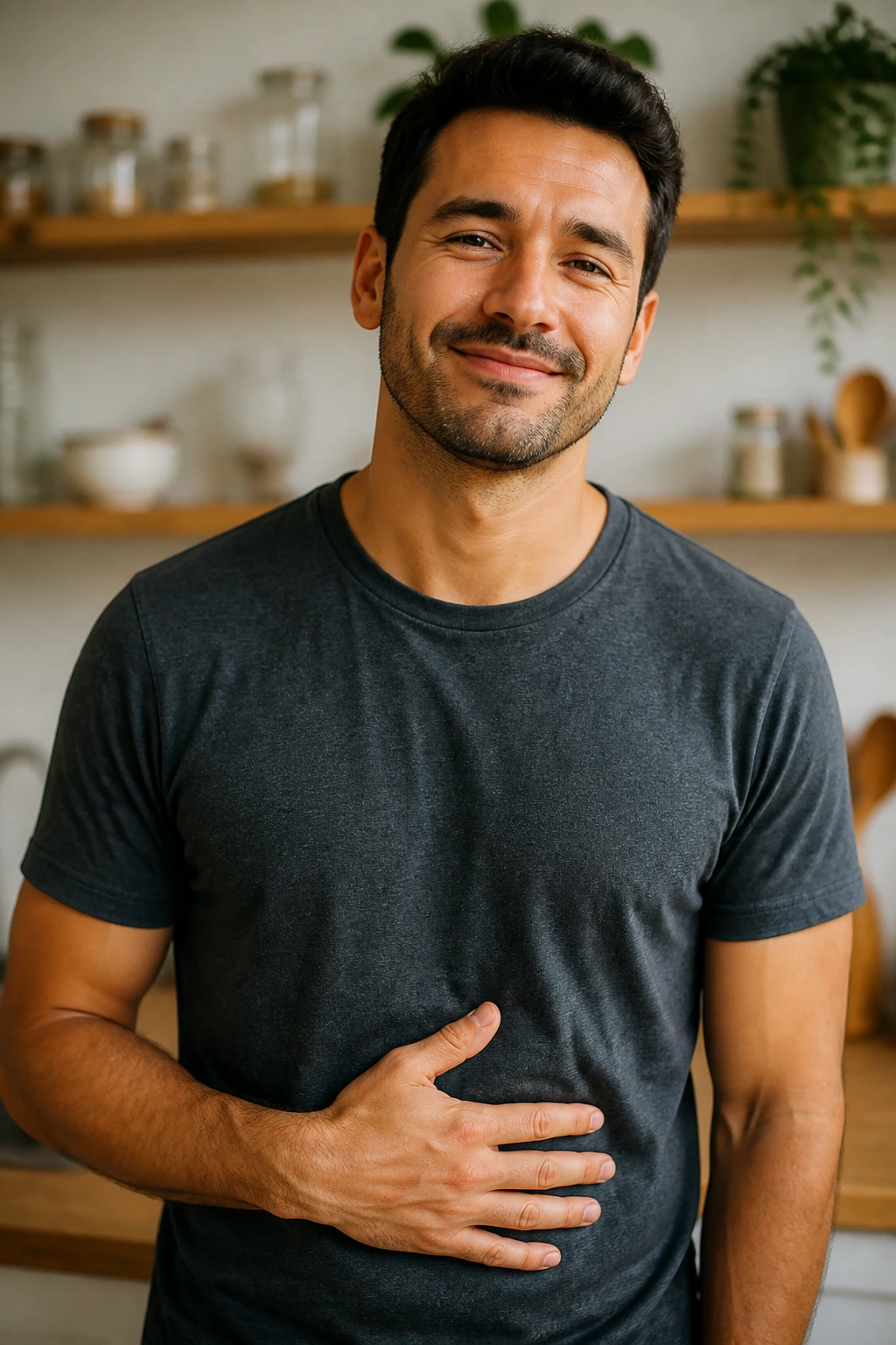 Close-up portrait of a man in a kitchen, suggesting digestive health