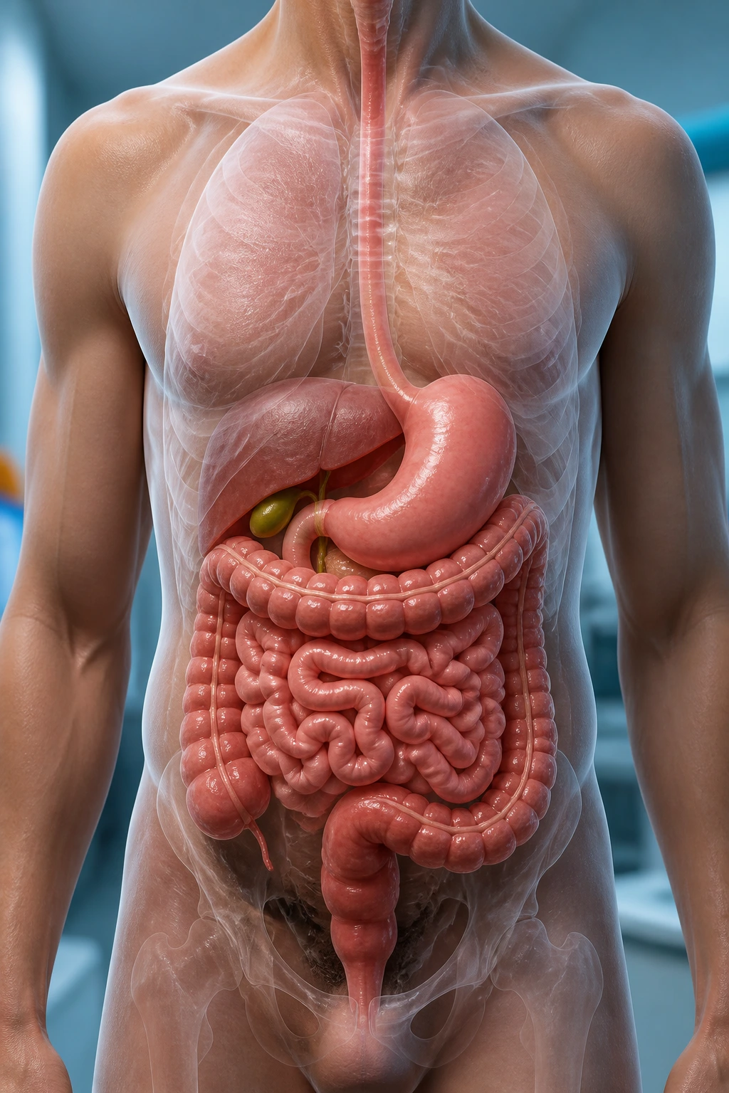 Close-up of a digestive system inside a transparent abdomen in a clinical setting