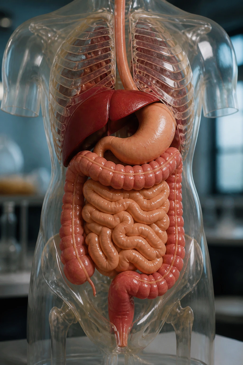 Close-up cross-section of the digestive system inside a torso highlighting the digestive organs