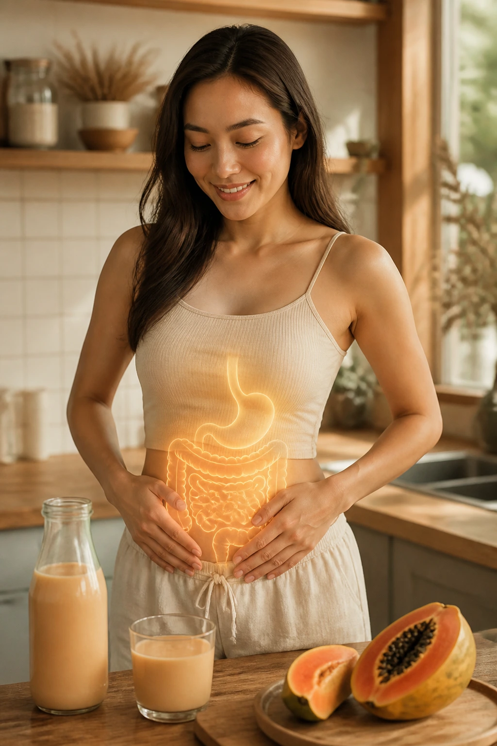 Close-up portrait with glow around the abdomen indicating improved digestion.