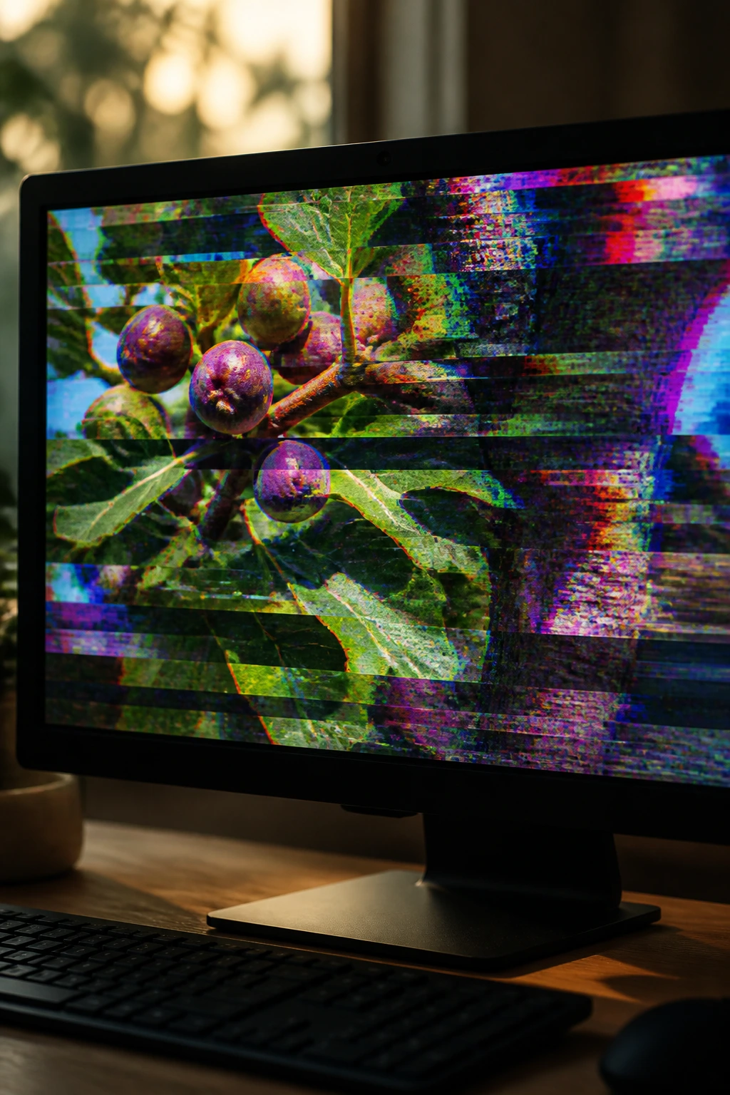 Abstract digital glitch on a computer monitor representing corrupted data