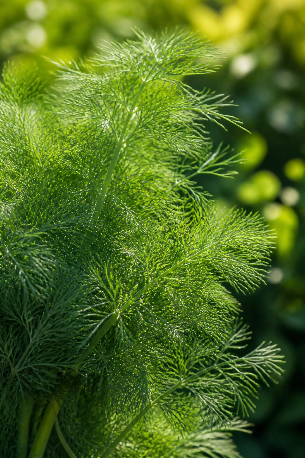 Close-up of dill fronds filling the frame in an herb garden.