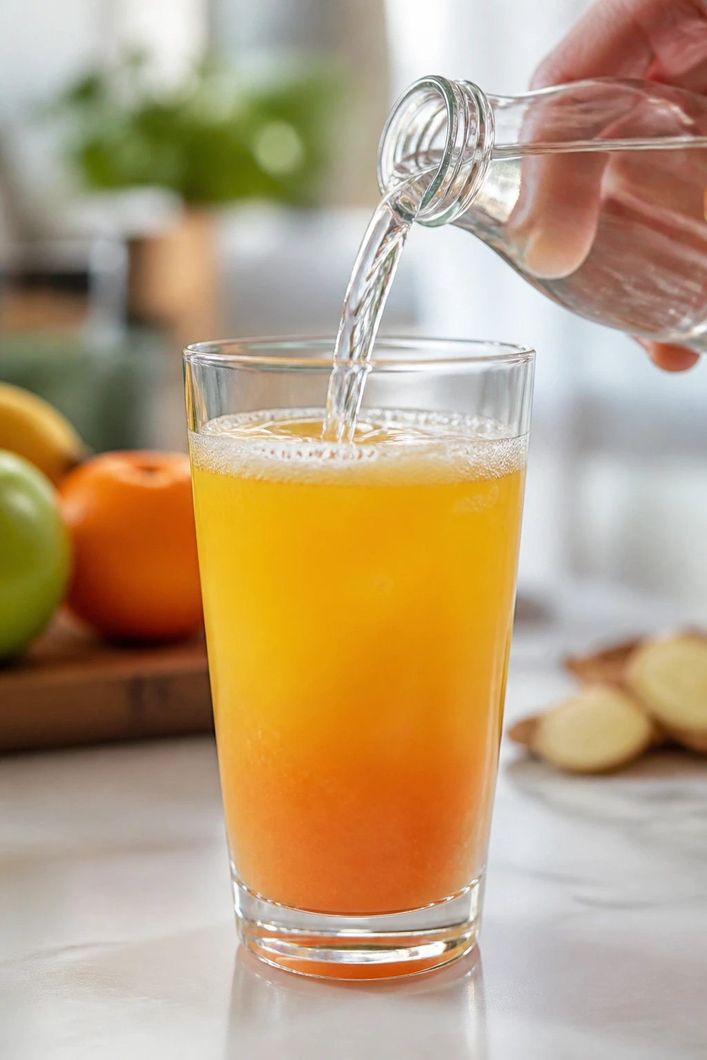 Hand pouring water into a glass of juice on a kitchen counter