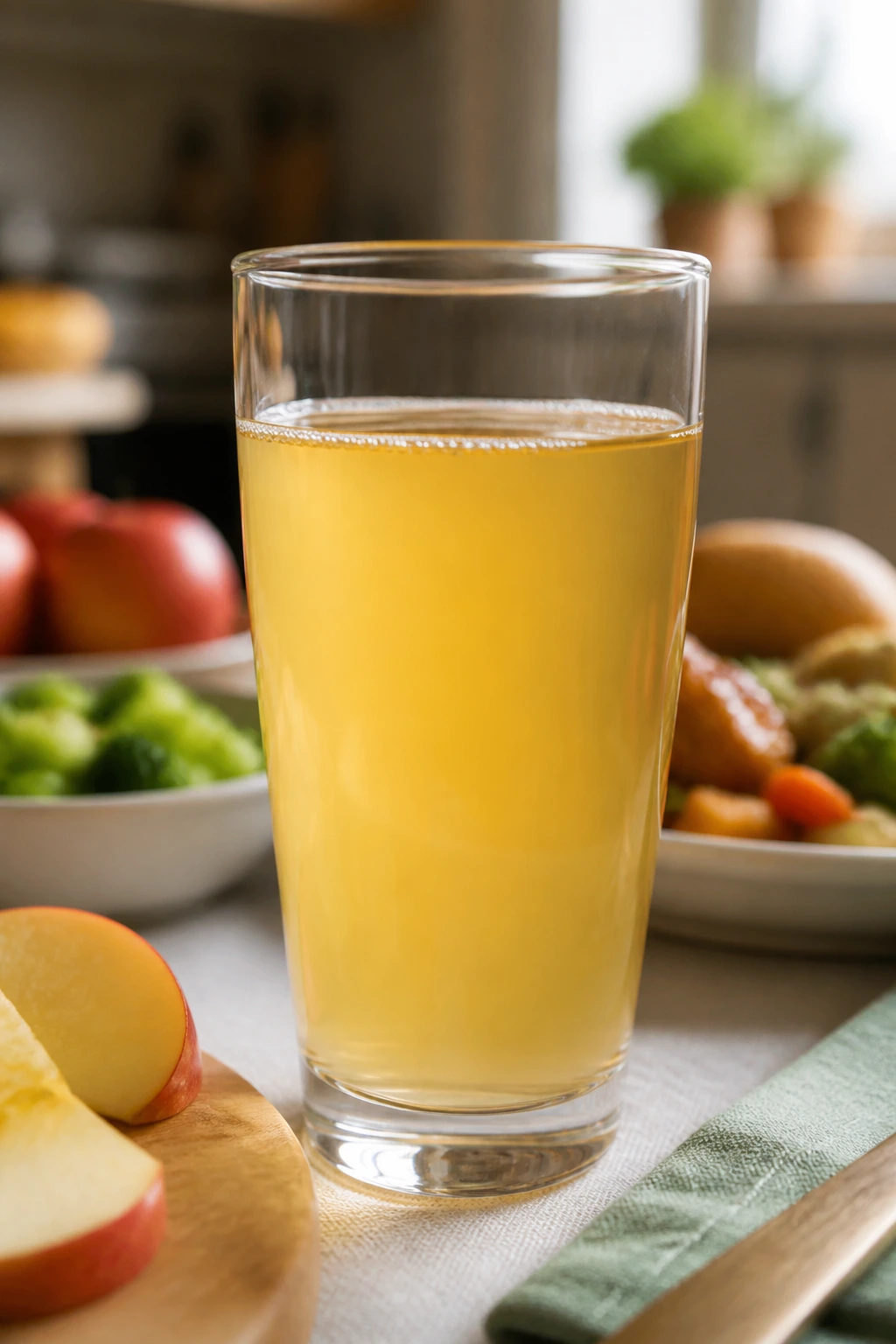 Glass of diluted apple juice served with a meal to ease gastritis symptoms