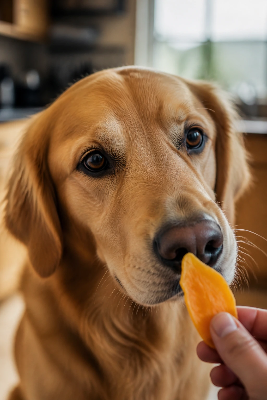 Can Dogs Eat Dried Mangoes? All You Need To Know 1 Close-up of a dog's face with a dried mango piece near the nose in a warm kitchen