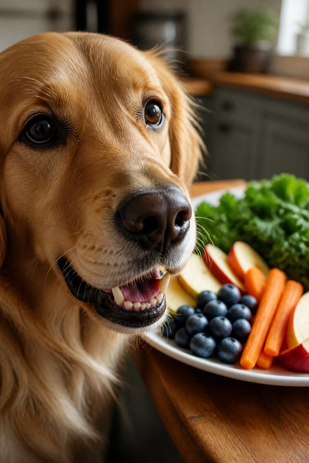 15 Best Fruits And Vegetables For Dogs To Eat 13 Close-up of a dog's face beside a colorful plate of fruits and vegetables in a cozy kitchen