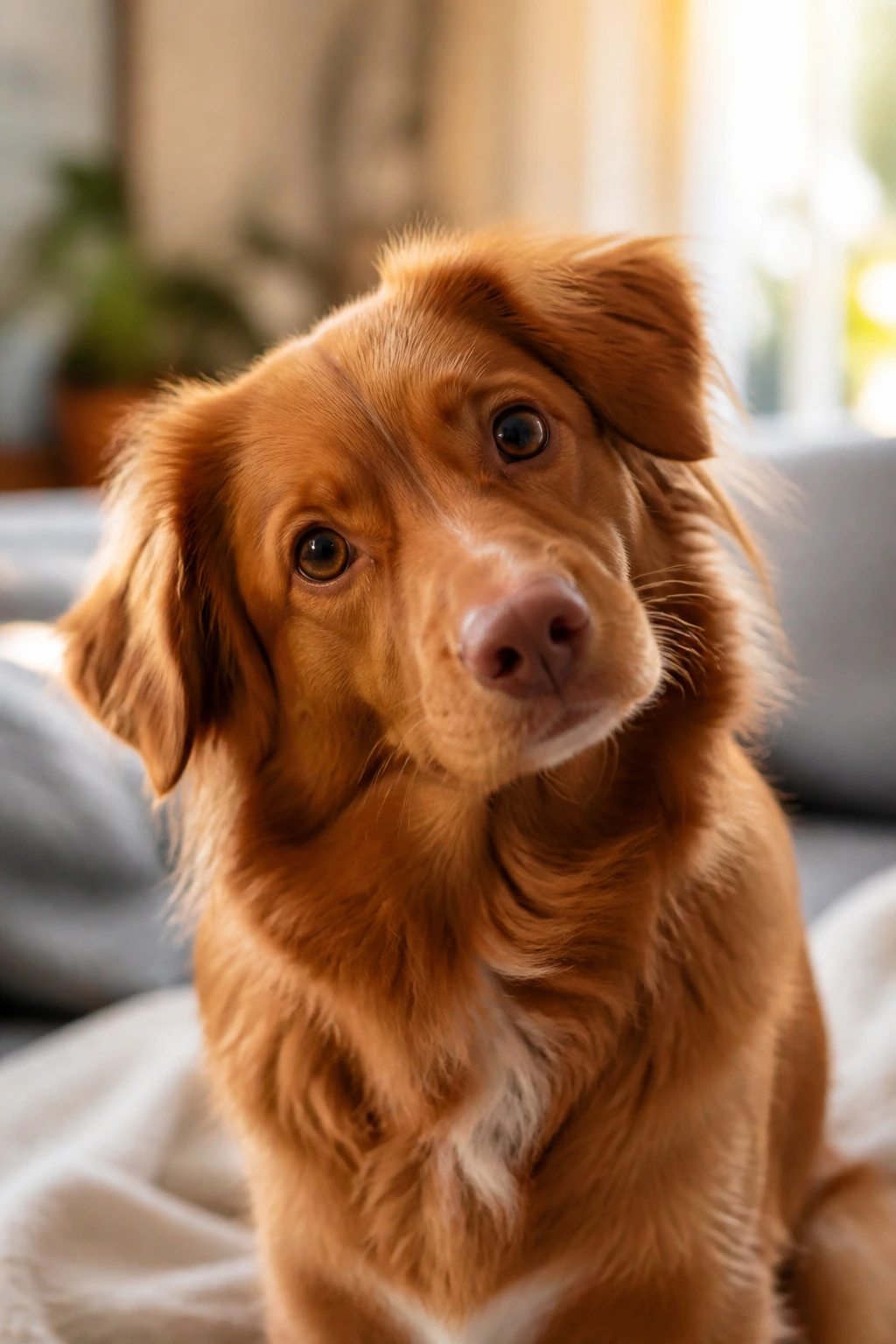 Curious dog in a cozy home setting.