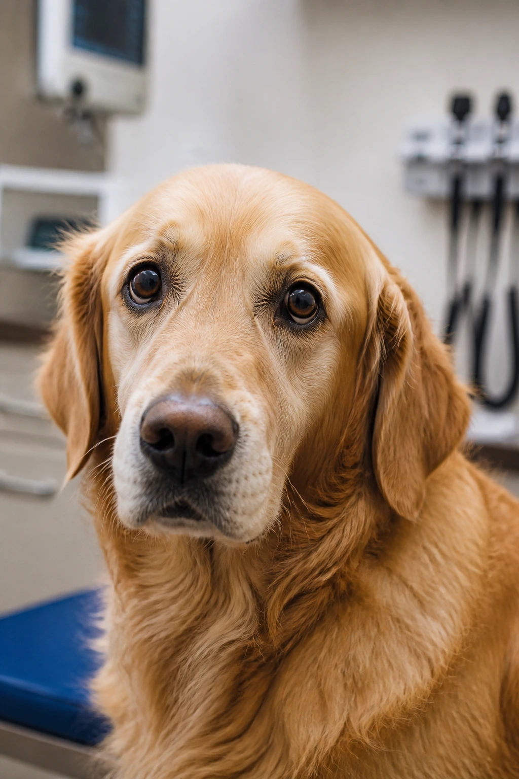 Close-up of a dog's face in a clinic, illustrating well-being concerns.
