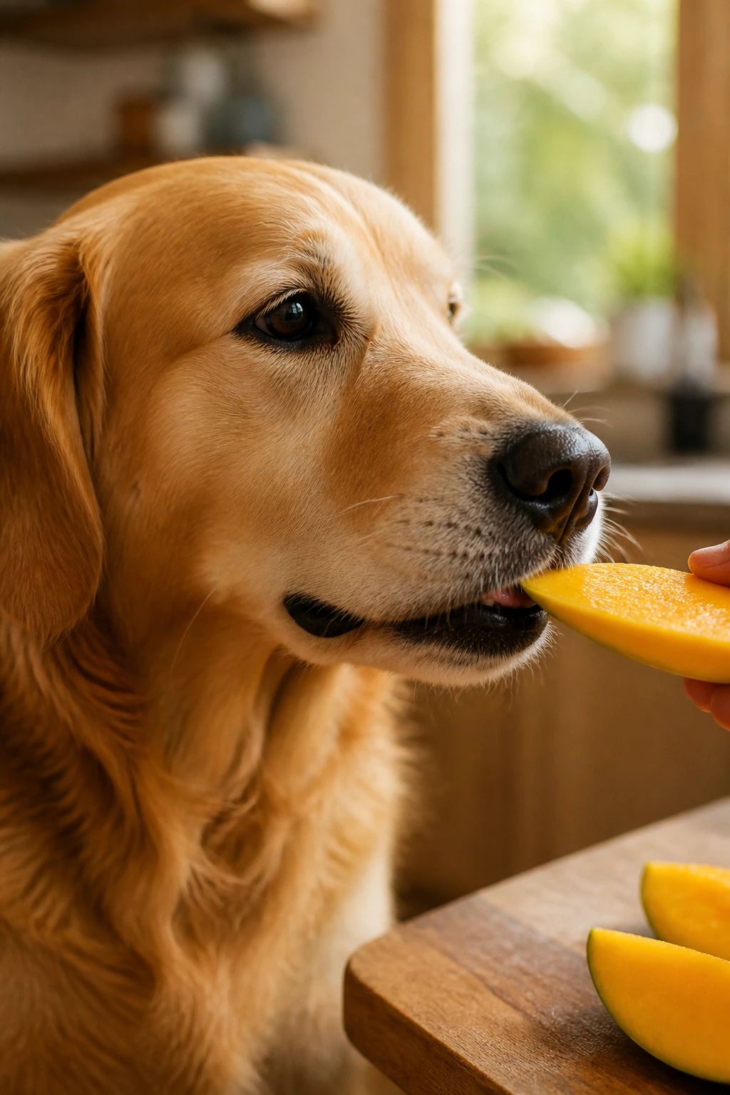 Is Indian Mango Good for Dogs? All You Need to Know 7 Close-up of a dog's face with a slice of ripe Indian mango in a warm kitchen