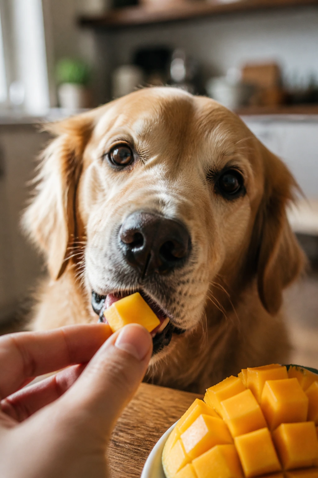 Is Mango Safe For Cats And Dogs? All You Need To Know 3 Dog with mango piece near mouth in a warm kitchen.