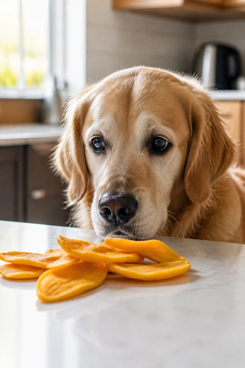 Can Dogs Eat Dried Mangoes? All You Need To Know 3 Cautious dog face near dried mango pieces on counter