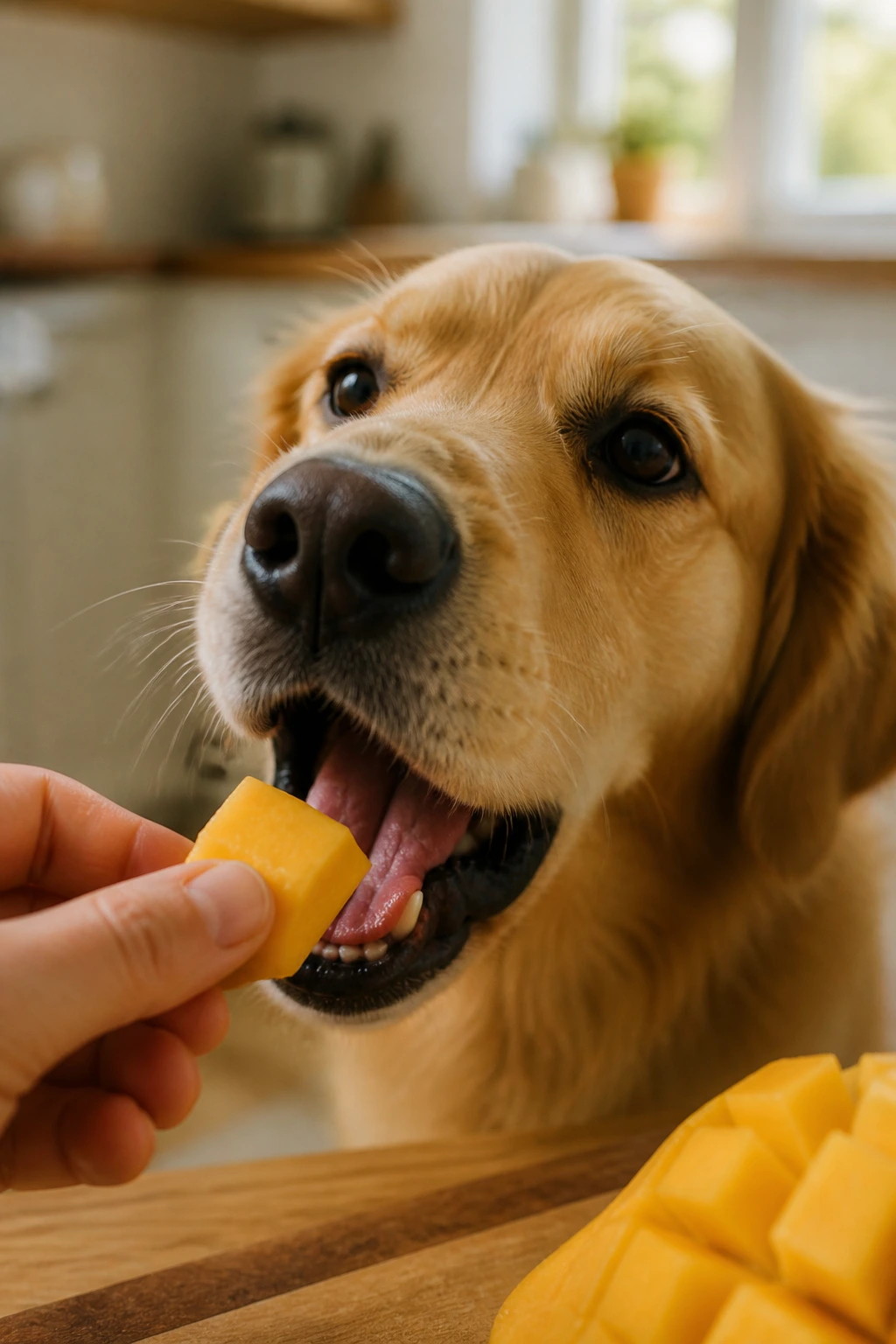 Is Mango Safe For Cats And Dogs? All You Need To Know 4 Dog with mango piece near open mouth in kitchen setting.