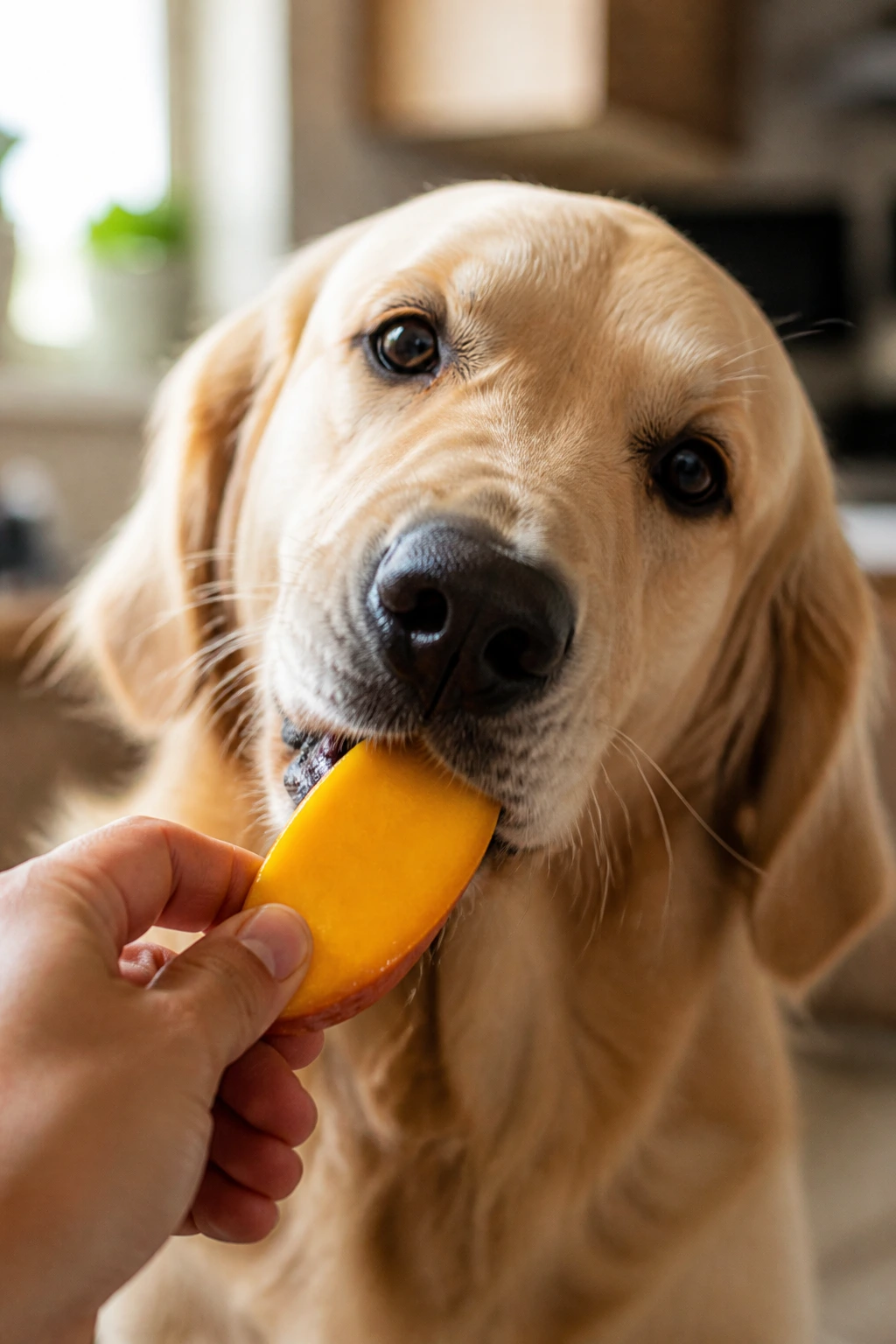Is Mango Safe For Cats And Dogs? All You Need To Know 1 Close-up of a dog's head approaching a slice of mango in a cozy kitchen.