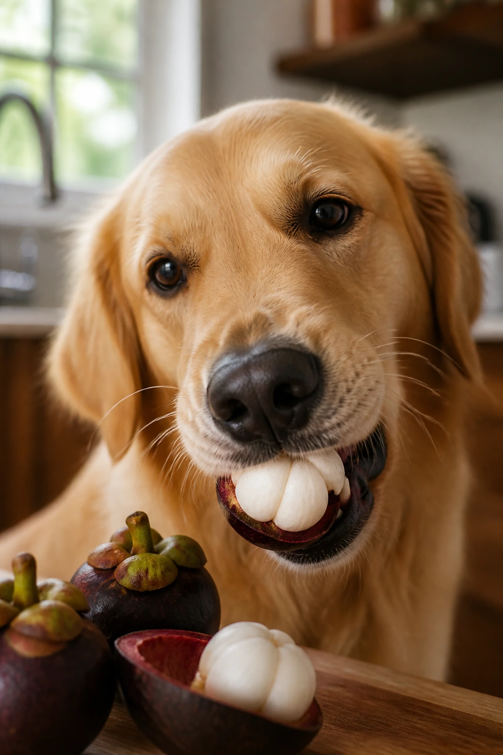 Close-up of a dog with a peeled mangosteen segment near its mouth