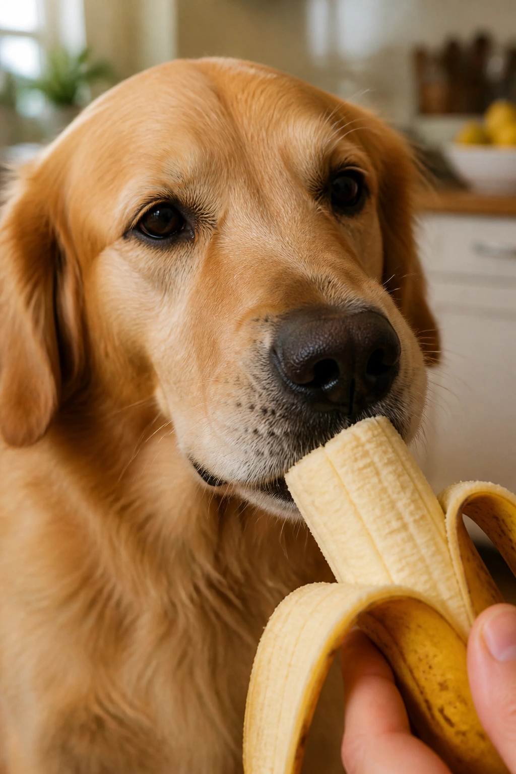 Portrait of a real dog with a peeled plantain piece near its mouth in a warm kitchen