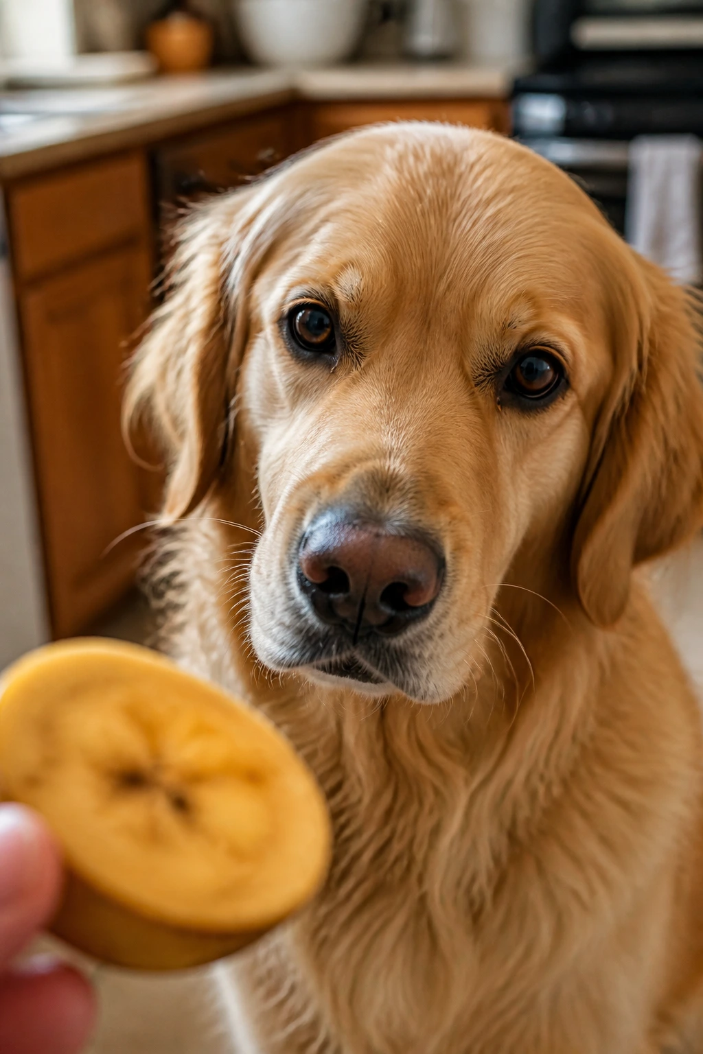 Dog looking uneasy with plantain slices in the kitchen