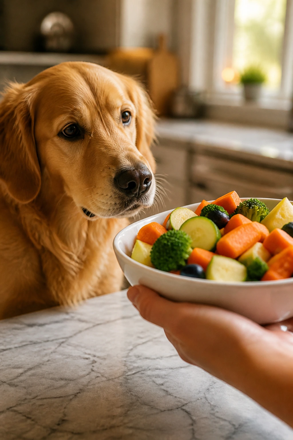 15 Best Fruits And Vegetables For Dogs To Eat 26 Curious dog with a bowl of fruits and vegetables on a kitchen counter