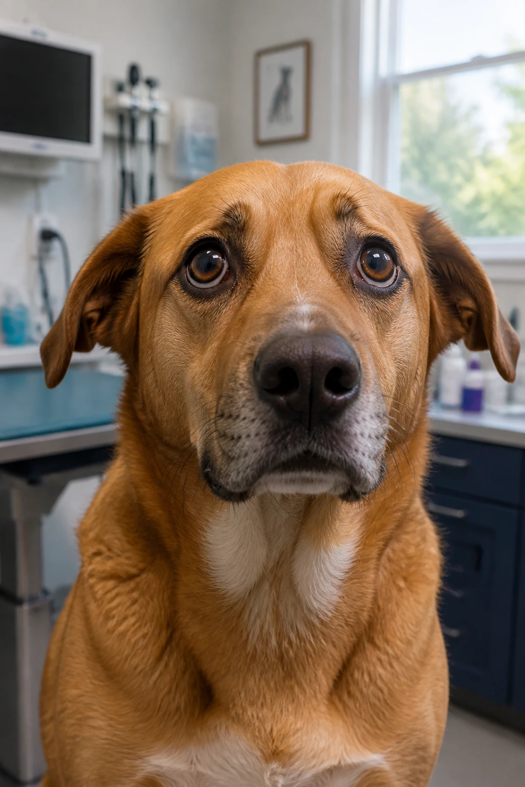 Close-up of a dog in a veterinary exam room, showing concern after potential ingestion.