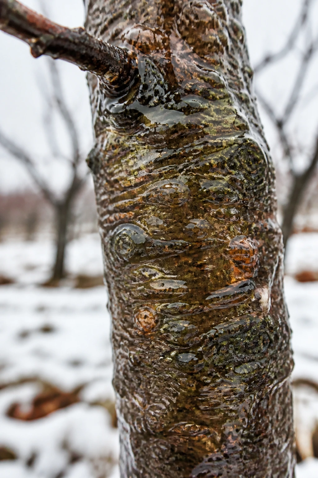 Close-up of a tree trunk with a glossy dormant oil coating in winter