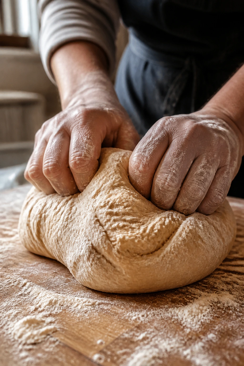 How To Make Bread From Wheat Berries (Complete Guide) 3 Kneaded bread dough on a flour-dusted wooden surface with hands shaping