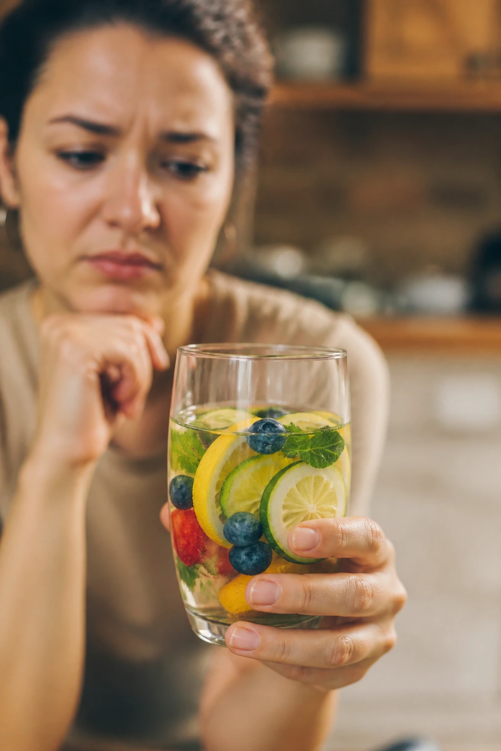 Hand holding fruit-infused water with cautious mood in kitchen
