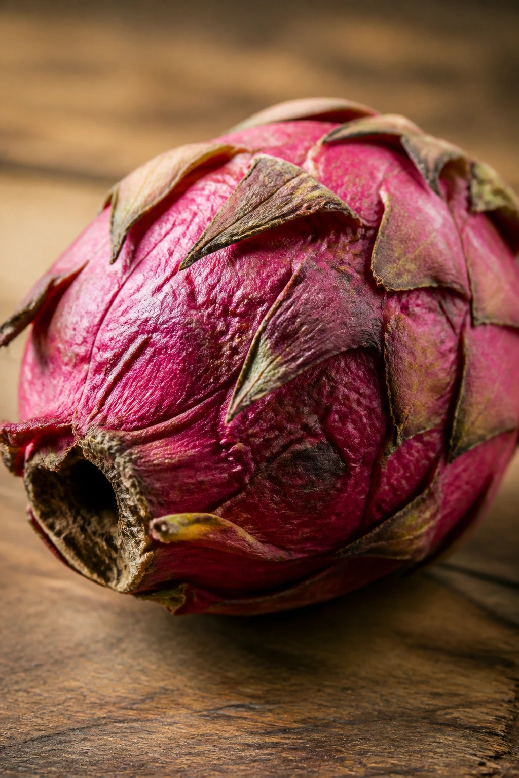 Dragon fruit showing signs of aging with wrinkled skin.