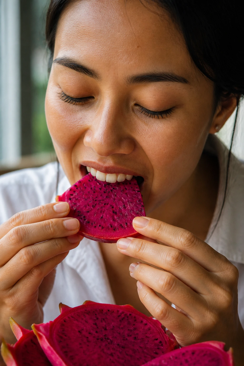 Close-up of a real person biting into dragon fruit slices, fruit dominating the frame