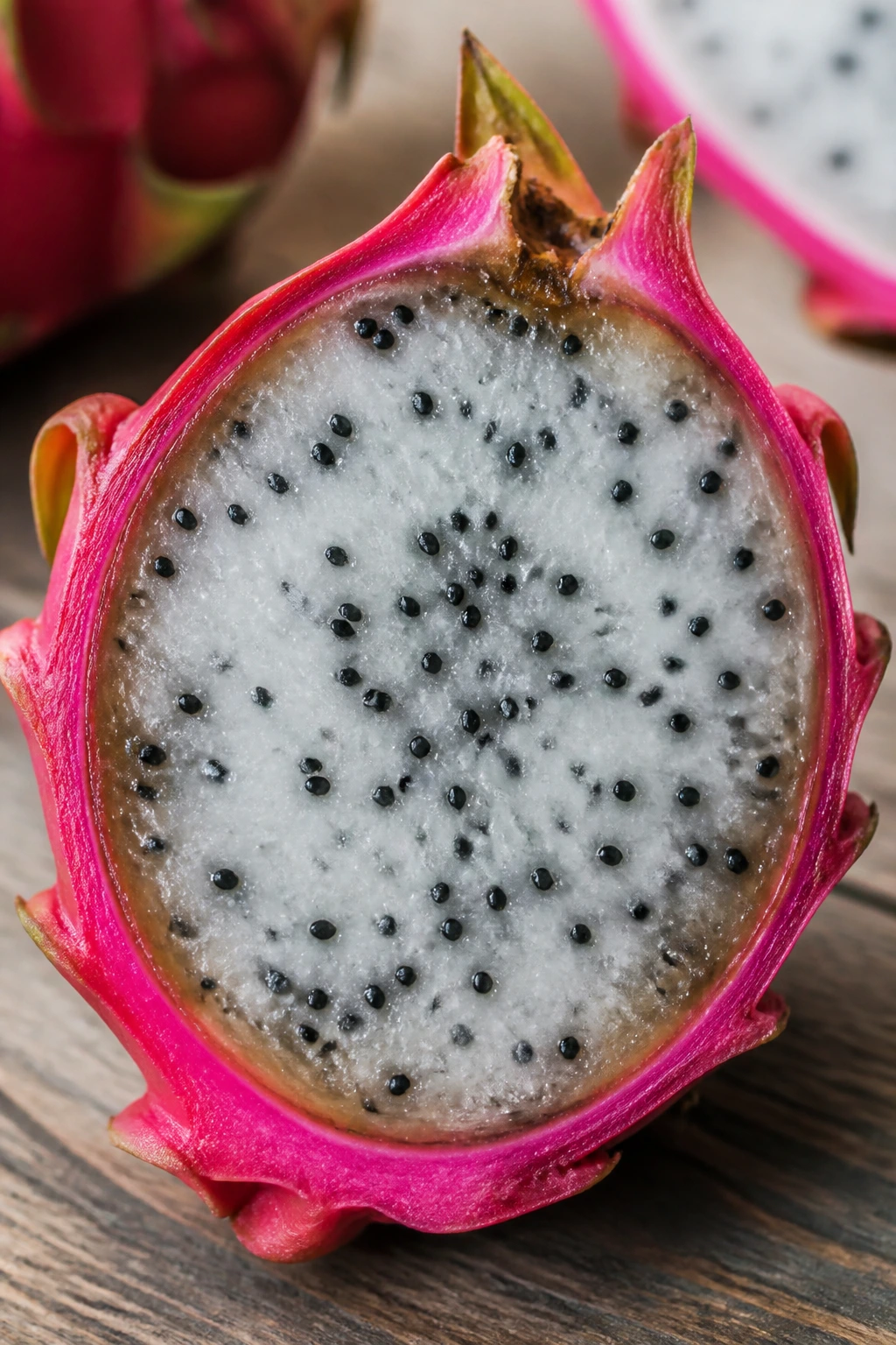 Halved dragon fruit showing brown oxidation at the cut edge.