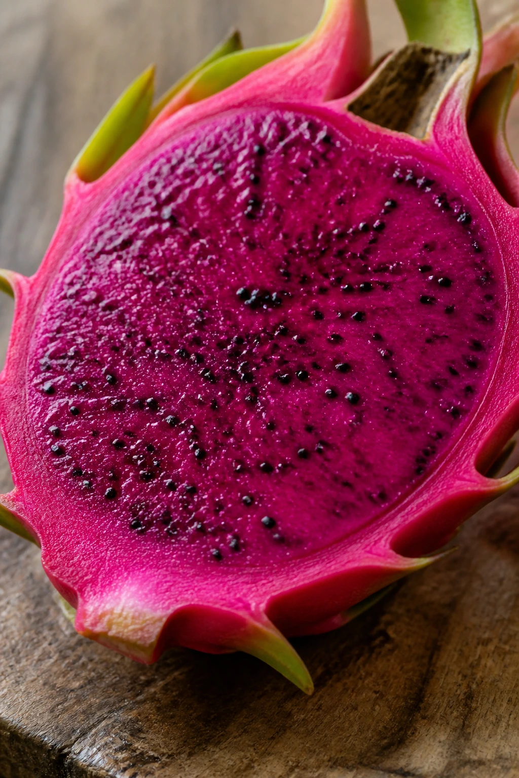 Is Dragon Fruit Good For Dogs? All You Need To Know 1 Close-up of dragon fruit half with magenta flesh and seeds on a wooden board.
