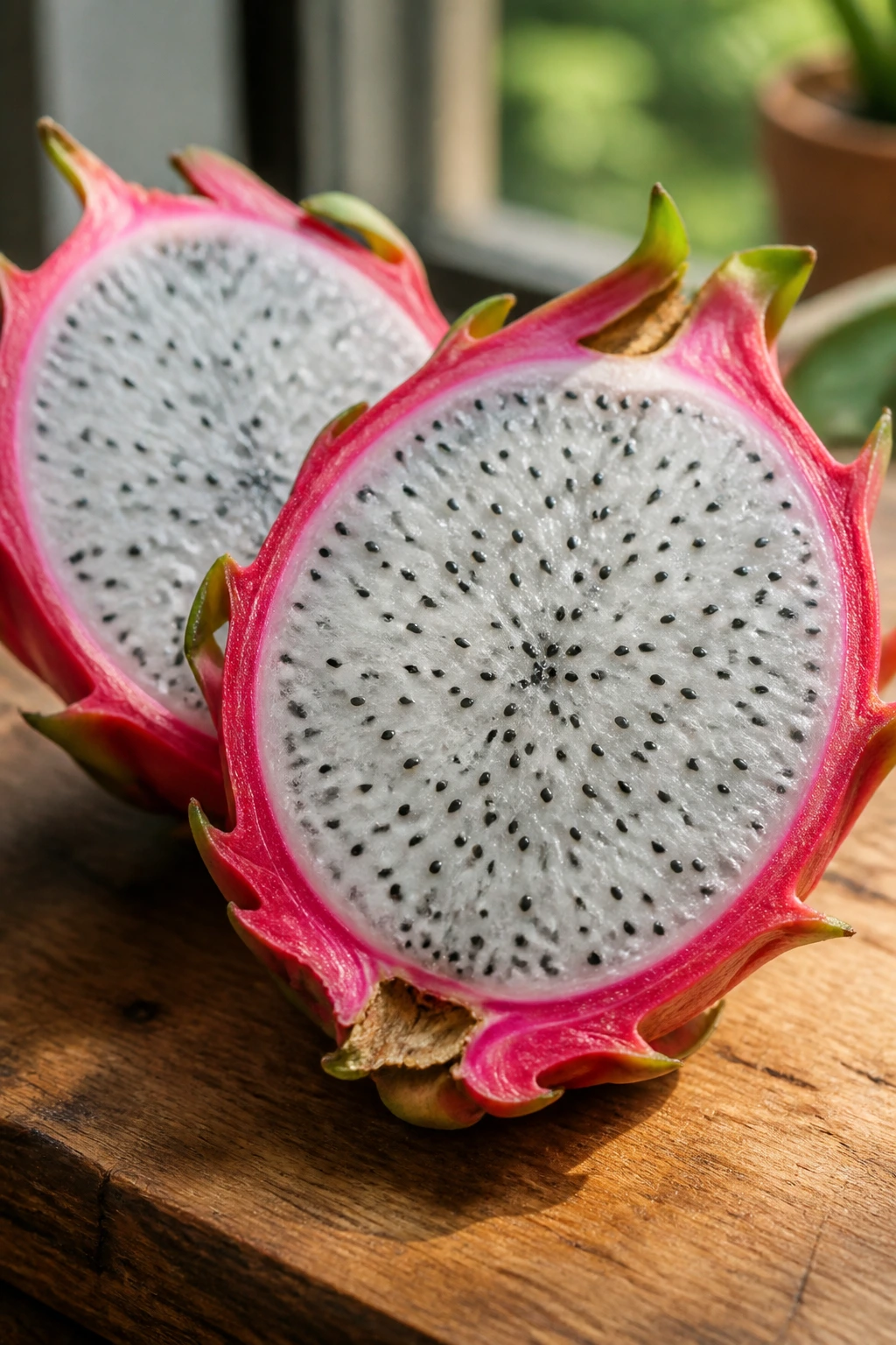 7 Amazing Health Benefits Of Dragon Fruit Powder 1 Close-up halved dragon fruit with pink skin and white flesh on wooden counter