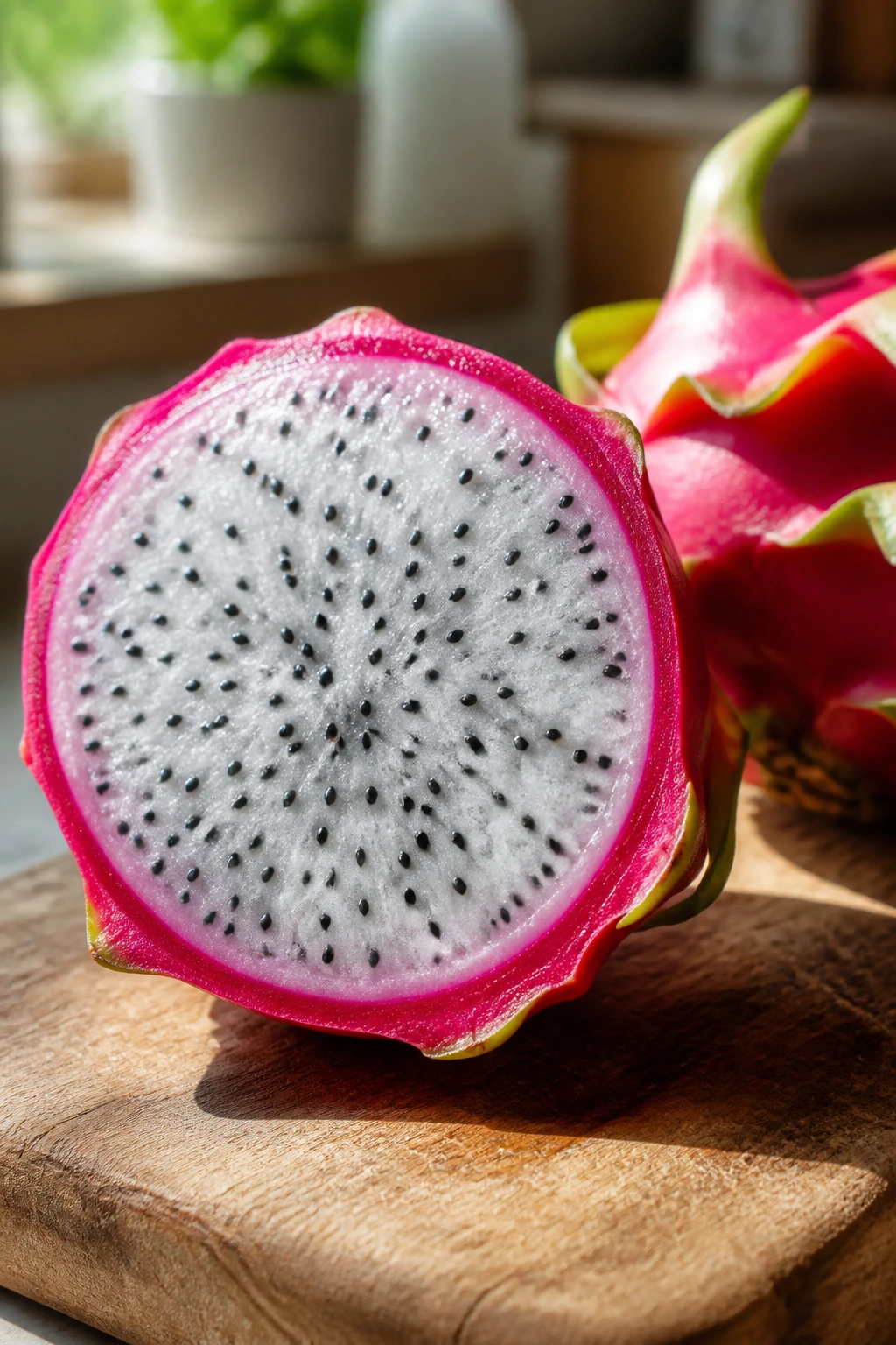 Can Chickens Eat Dragon Fruit? A Nutritional Analysis 1 Close-up of sliced dragon fruit showing white flesh and black seeds in a sunlit kitchen