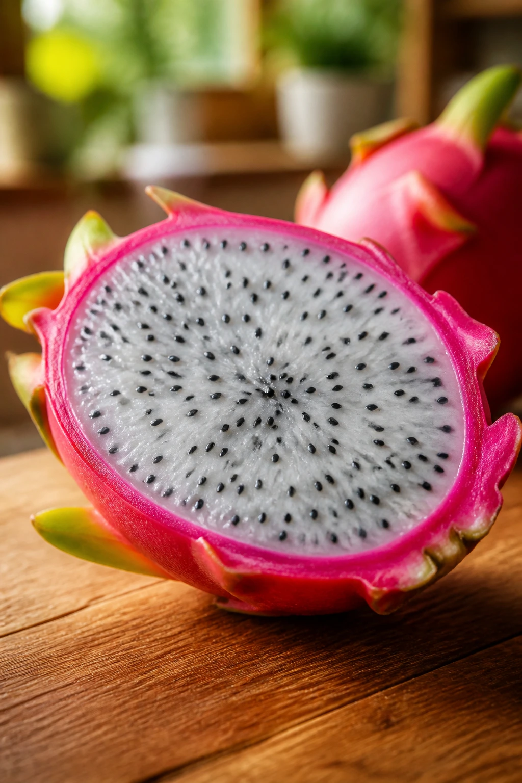 Is Dragon Fruit A Natural Laxative? Let's FInd Out! 1 Close-up of a ripe dragon fruit revealing white flesh with black seeds against red skin on a wooden countertop