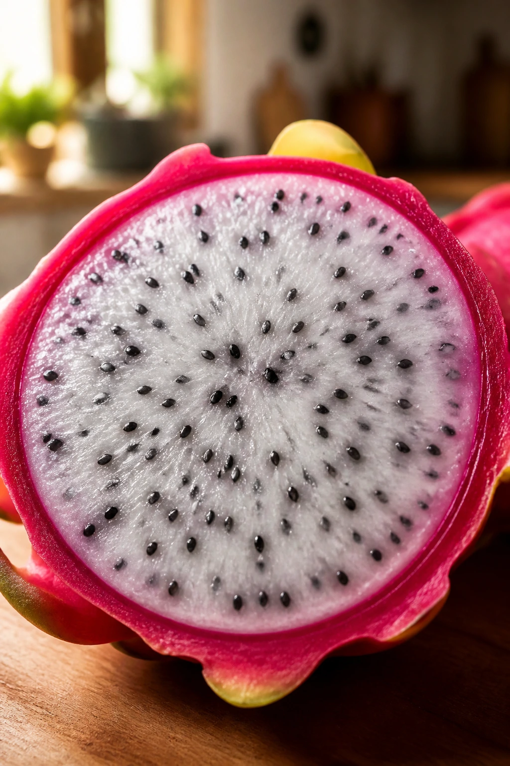 15 Benefits Of Eating Dragon Fruit During Pregnancy 7 Dragon fruit cross-section with white flesh and black seeds filling frame