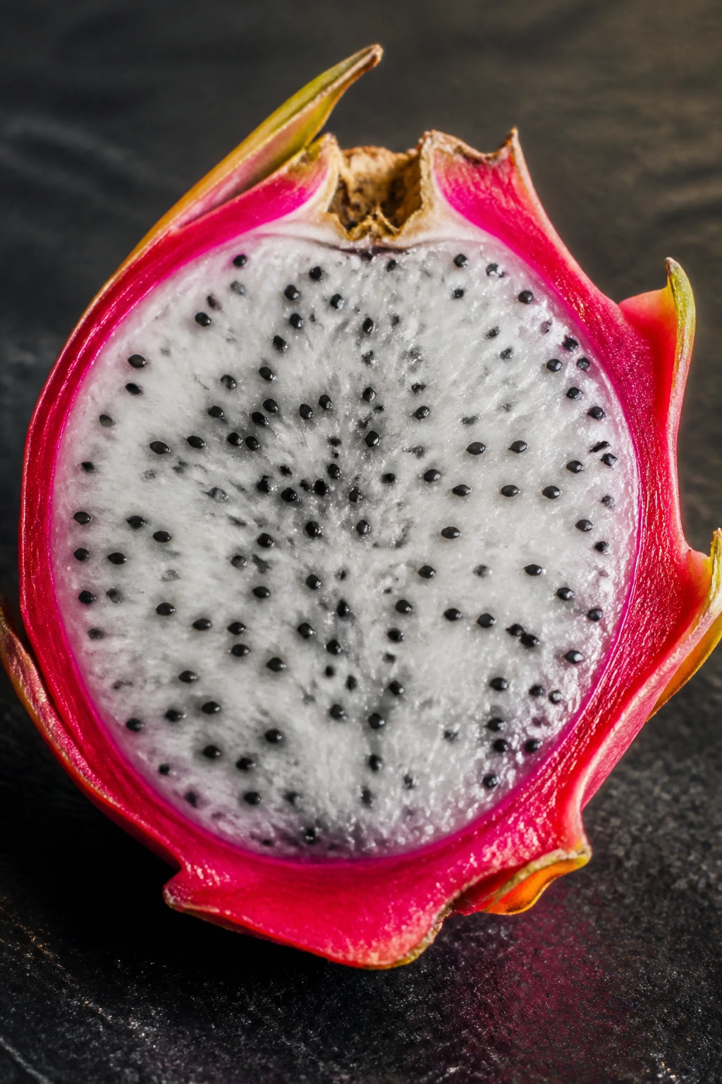 Is Dragon Fruit Good For Babies? Can They Eat It? 3 Dragon fruit cross-section with seeds on dark slate