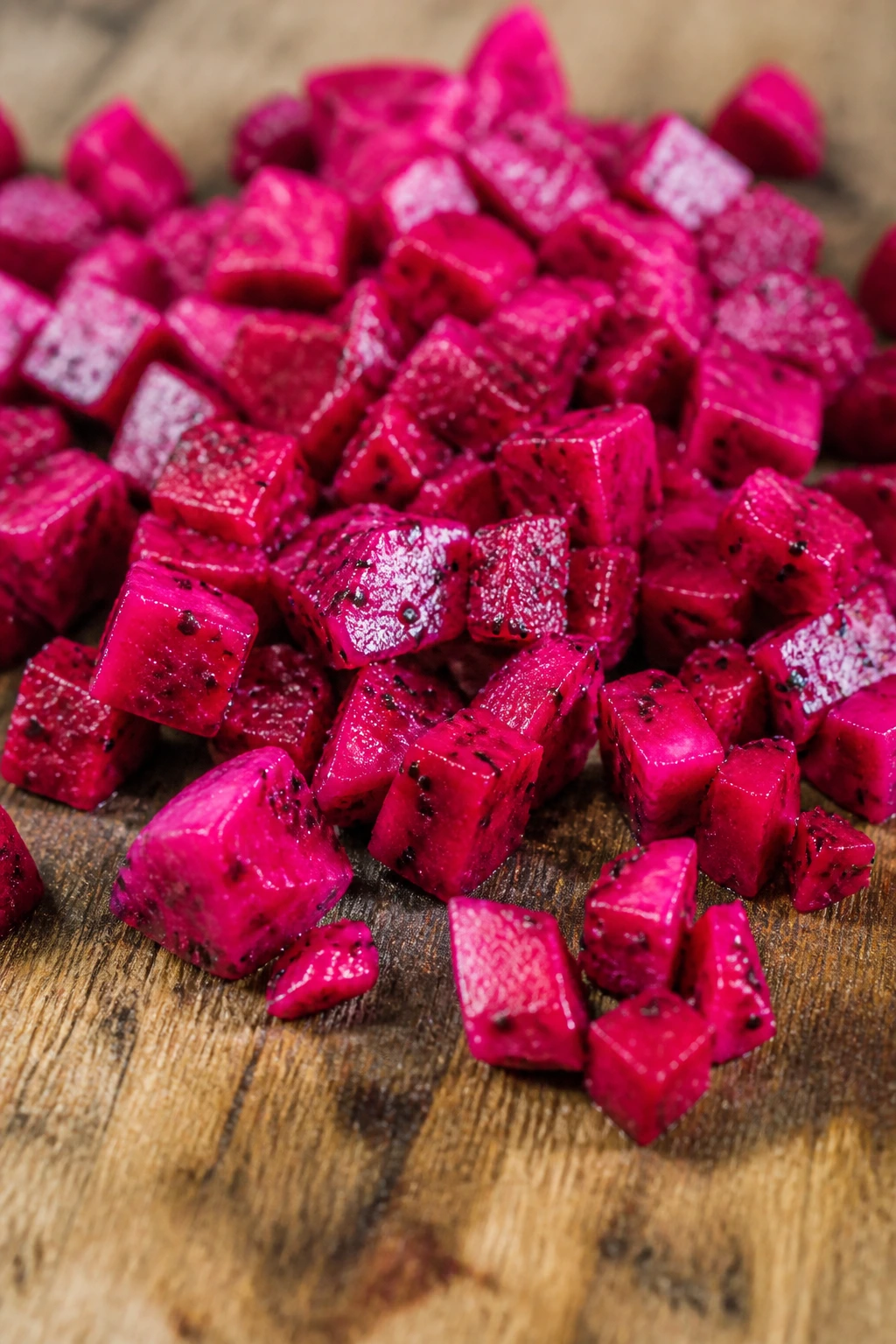 Can Chickens Eat Dragon Fruit? A Nutritional Analysis 4 Small dragon fruit cubes on wooden surface, ready to feed chickens